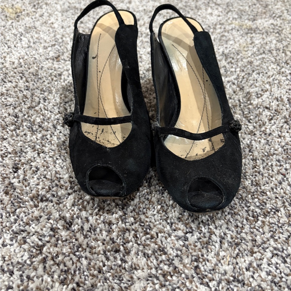 Vintage kate spade Black Suede Peep-Toe Slingback Heels
